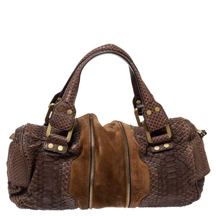 Pre Owned Jimmy Choo Brown Python and Suede Marla Satchel