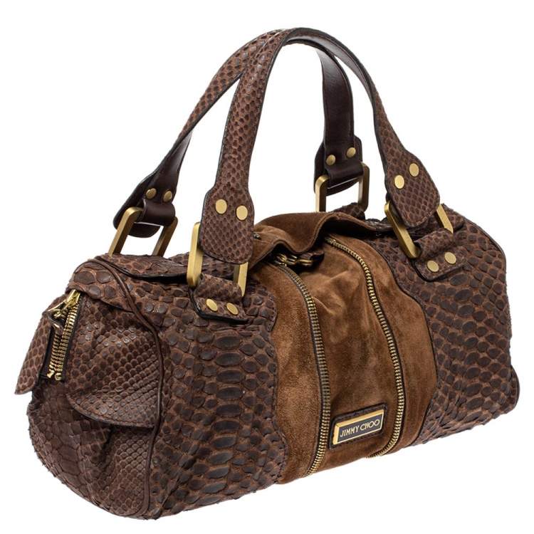 Pre Owned Jimmy Choo Brown Python and Suede Marla Satchel