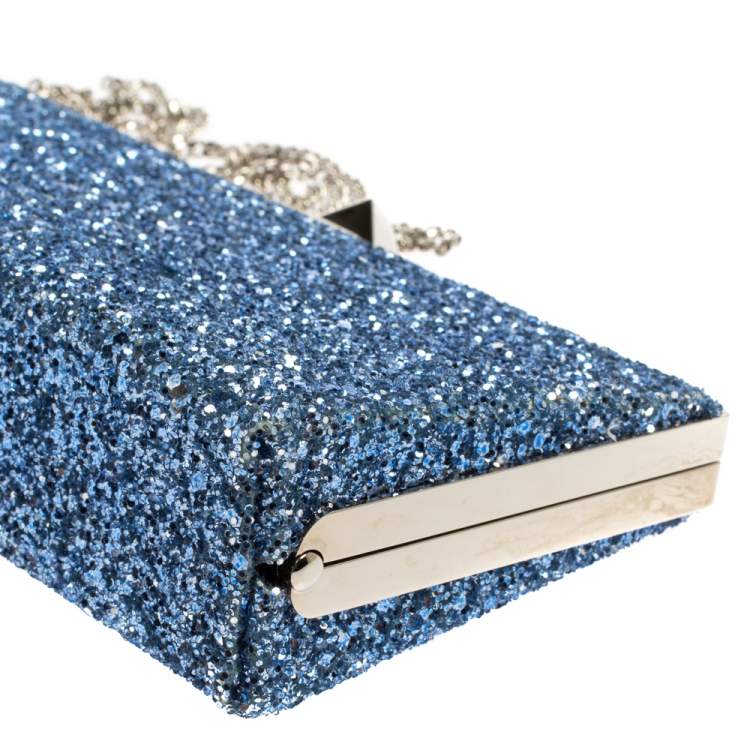 Pre Owned Jimmy Choo Blue Coarse Glitter Celeste Clutch 