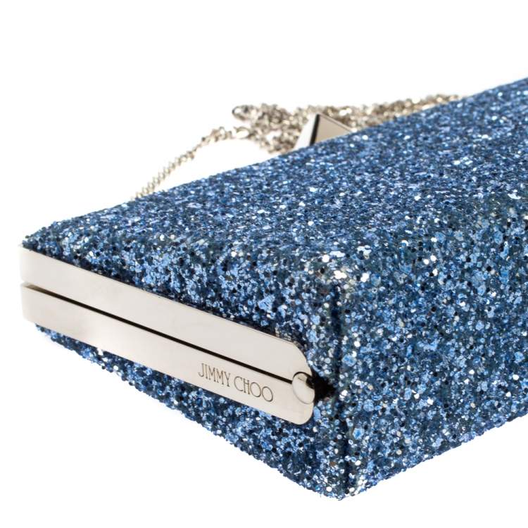 Pre Owned Jimmy Choo Blue Coarse Glitter Celeste Clutch 