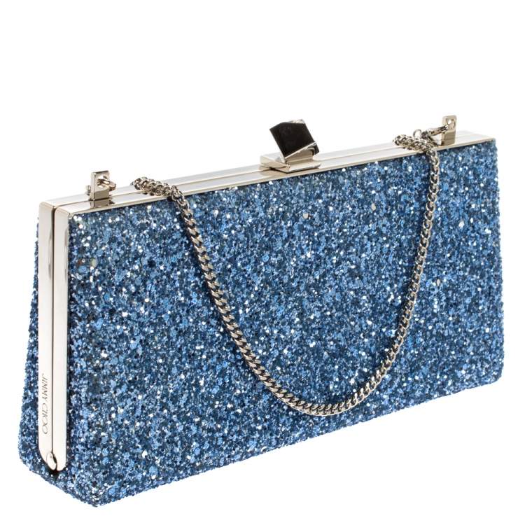 Pre Owned Jimmy Choo Blue Coarse Glitter Celeste Clutch 