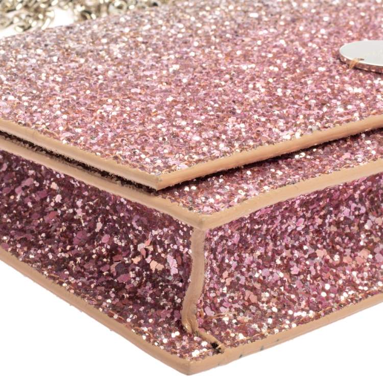 Pre Owned Jimmy Choo Pink Coarse Glitter Florence Chain Clutch 