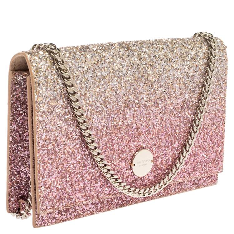Pre Owned Jimmy Choo Pink Coarse Glitter Florence Chain Clutch 