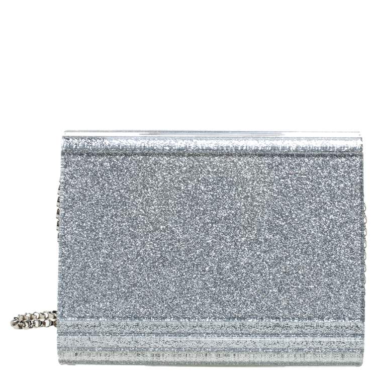 Pre Owned Jimmy Choo Silver Glitter Acrylic Candy Chain Clutch