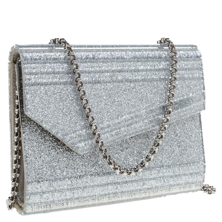 Pre Owned Jimmy Choo Silver Glitter Acrylic Candy Chain Clutch