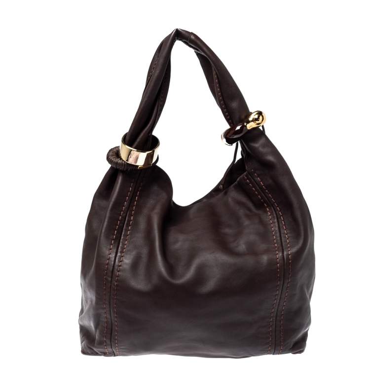 Pre Owned Jimmy Choo Dark Brown Leather Medium Saba Hobo