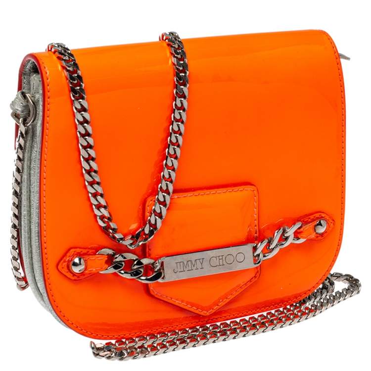 Pre Owned Jimmy Choo Neon Orange Patent Leather Chain-Link Crossbody Bag