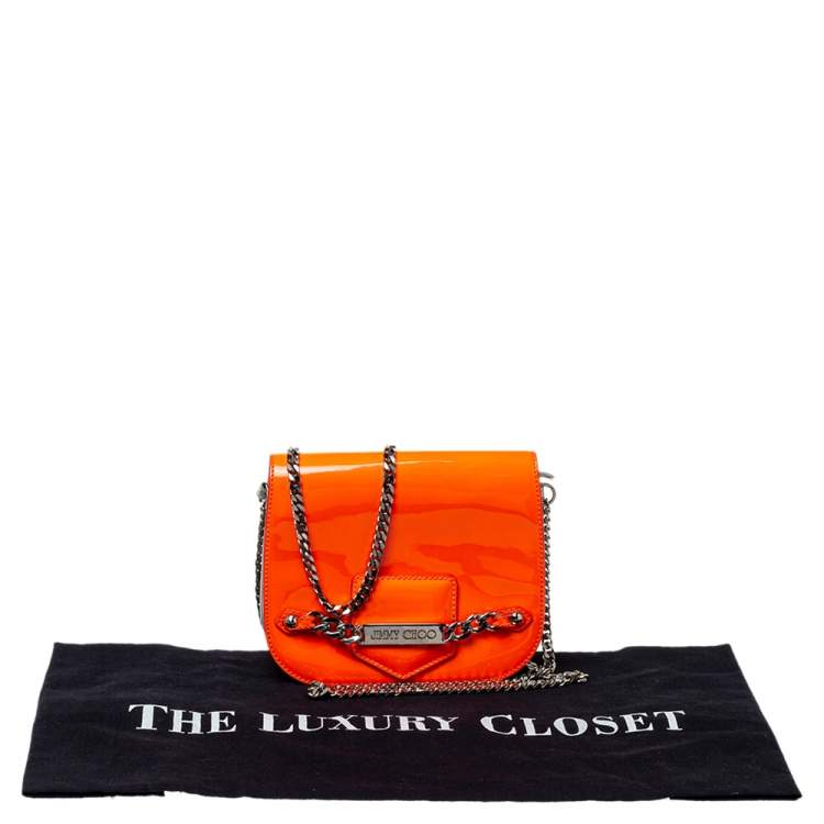 Pre Owned Jimmy Choo Neon Orange Patent Leather Chain-Link Crossbody Bag