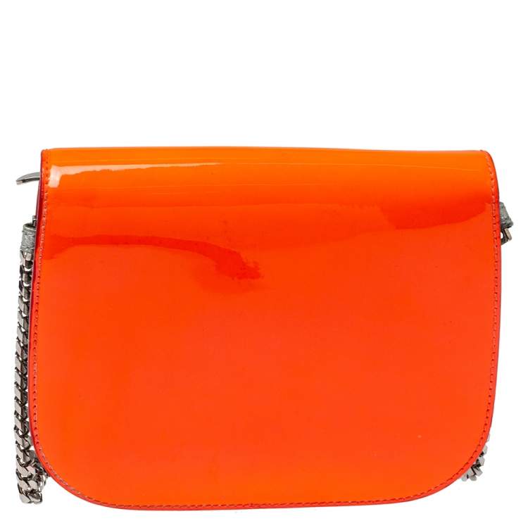 Pre Owned Jimmy Choo Neon Orange Patent Leather Chain-Link Crossbody Bag