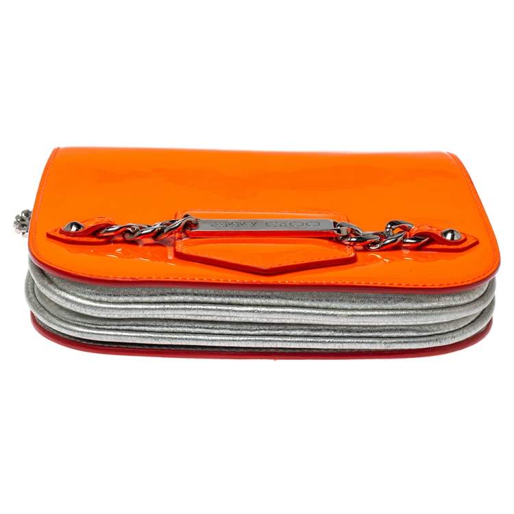 Pre Owned Jimmy Choo Neon Orange Patent Leather Chain-Link Crossbody Bag