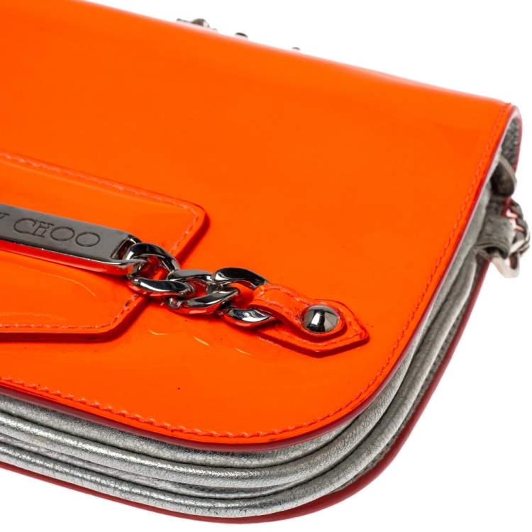 Pre Owned Jimmy Choo Neon Orange Patent Leather Chain-Link Crossbody Bag