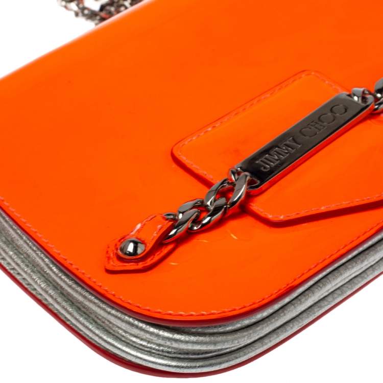 Pre Owned Jimmy Choo Neon Orange Patent Leather Chain-Link Crossbody Bag