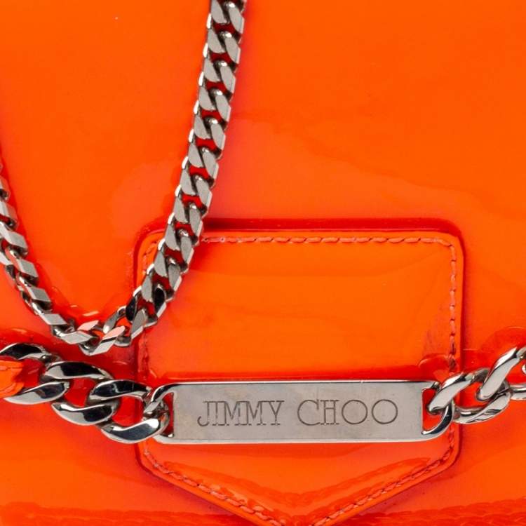 Pre Owned Jimmy Choo Neon Orange Patent Leather Chain-Link Crossbody Bag