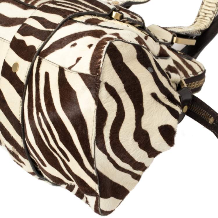 Pre Owned Jimmy Choo Brown/White Zebra Print Calfhair and Python Malena Satchel