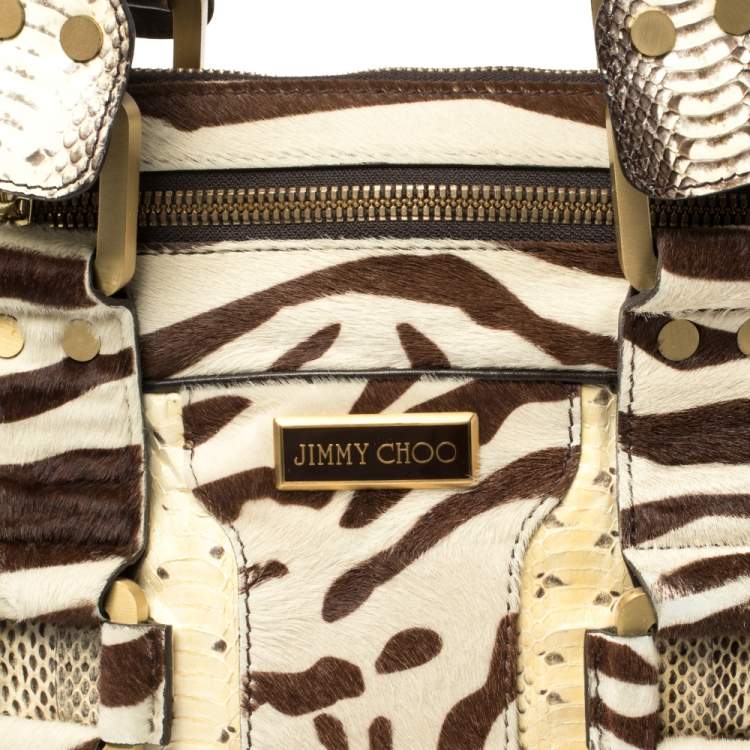 Pre Owned Jimmy Choo Brown/White Zebra Print Calfhair and Python Malena Satchel