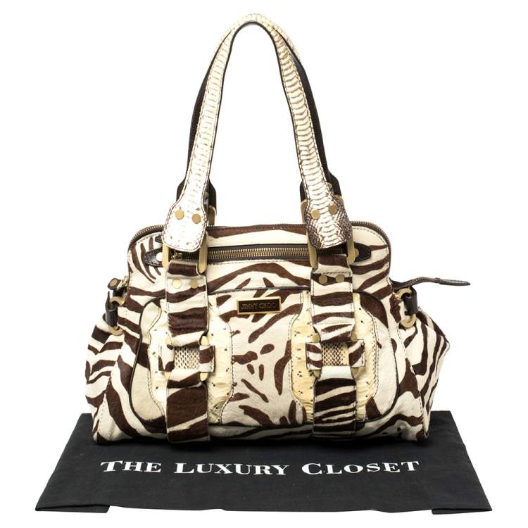 Pre Owned Jimmy Choo Brown/White Zebra Print Calfhair and Python Malena Satchel