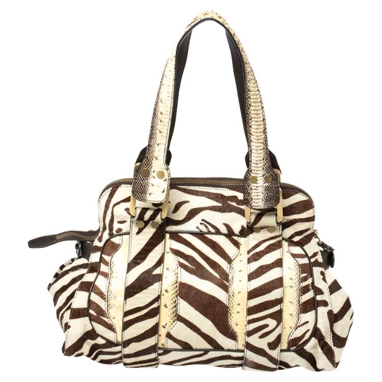 Pre Owned Jimmy Choo Brown/White Zebra Print Calfhair and Python Malena Satchel