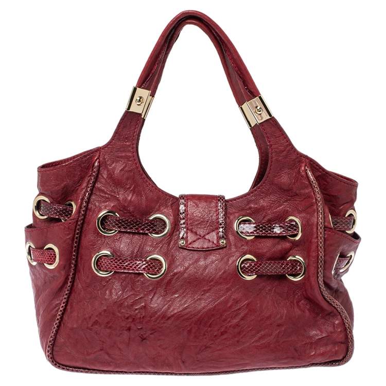 Pre Owned Jimmy Choo Burgundy Crinkled Leather and Snakeskin Ramona Tote