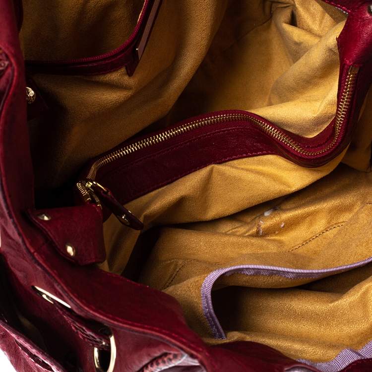 Pre Owned Jimmy Choo Burgundy Crinkled Leather and Snakeskin Ramona Tote