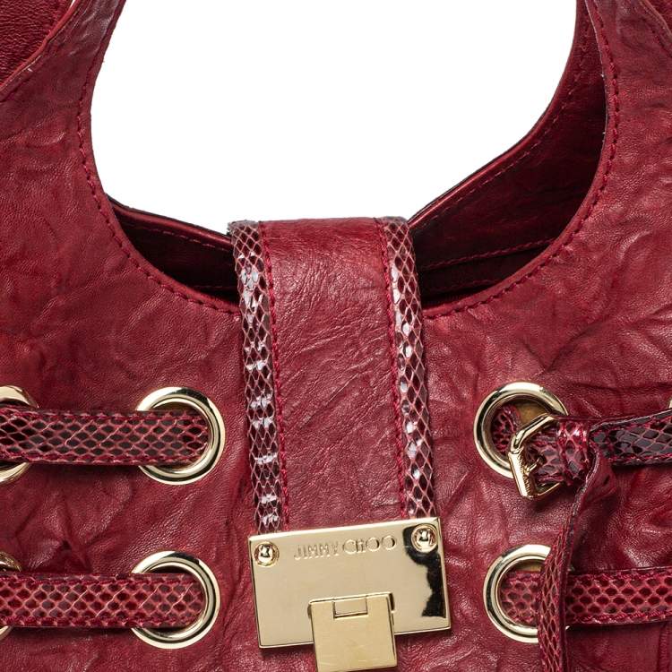 Pre Owned Jimmy Choo Burgundy Crinkled Leather and Snakeskin Ramona Tote