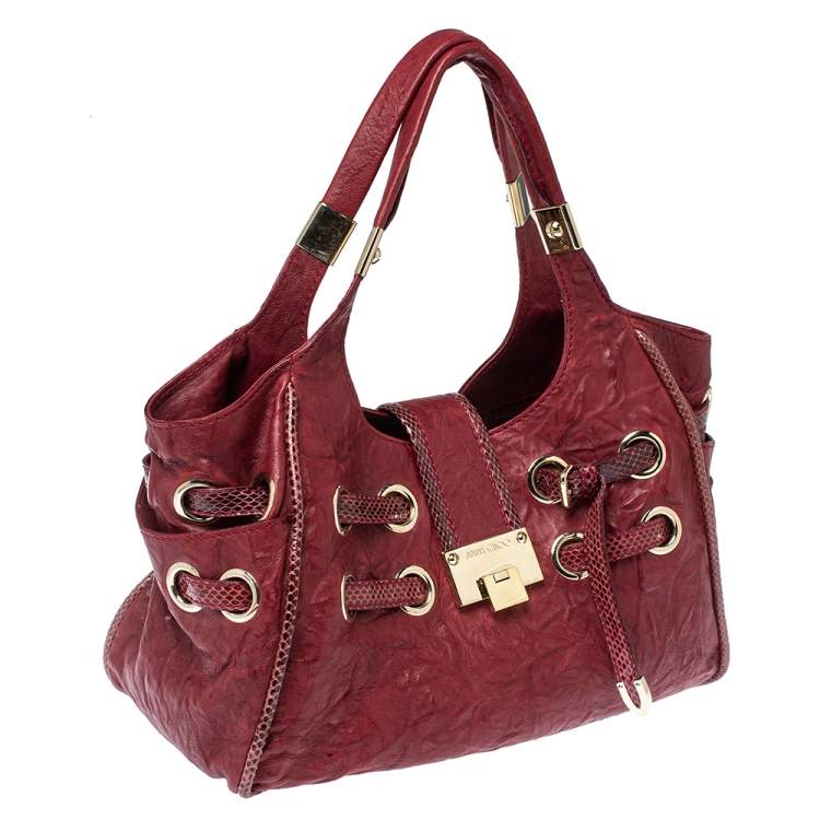 Pre Owned Jimmy Choo Burgundy Crinkled Leather and Snakeskin Ramona Tote