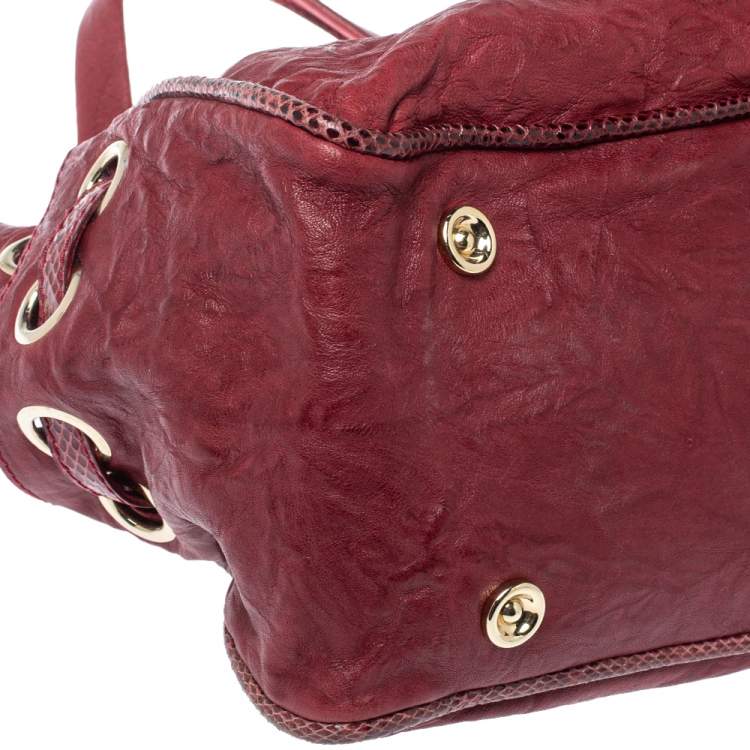 Pre Owned Jimmy Choo Burgundy Crinkled Leather and Snakeskin Ramona Tote
