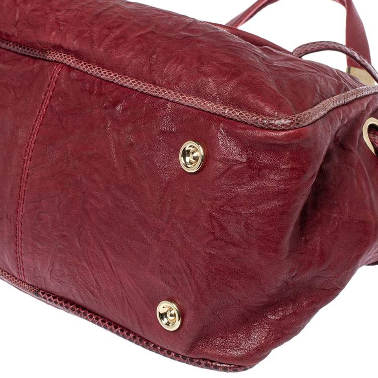 Pre Owned Jimmy Choo Burgundy Crinkled Leather and Snakeskin Ramona Tote