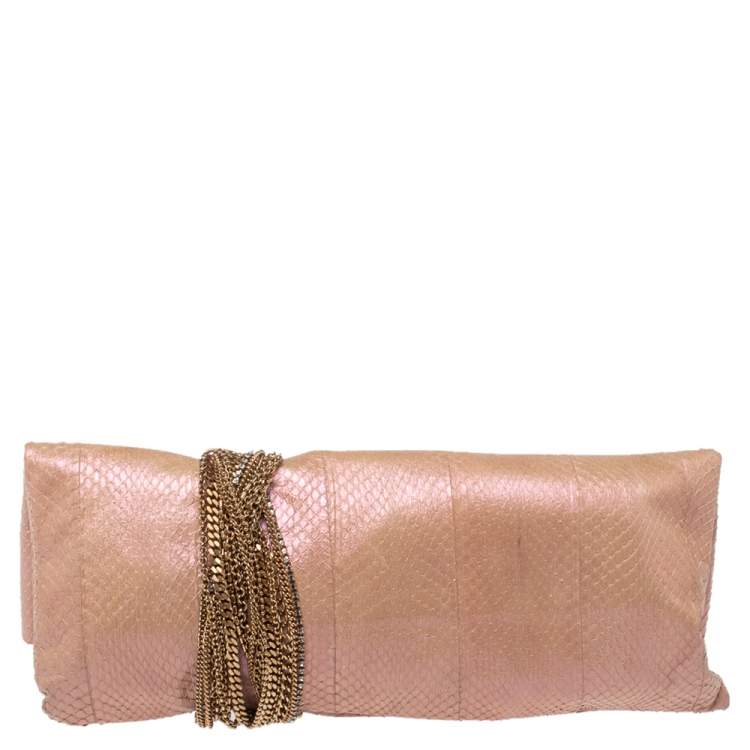 Pre Owned Jimmy Choo Pink Shimmer Snakeskin Chandra Clutch