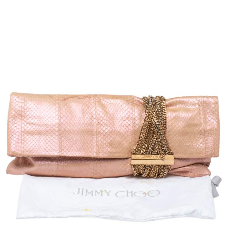 Pre Owned Jimmy Choo Pink Shimmer Snakeskin Chandra Clutch