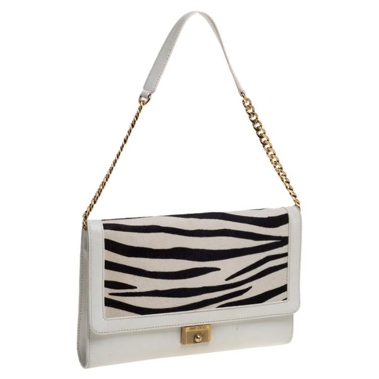 Pre Owned Jimmy Choo White Zebra Print Calfhair and Leather Flap Chain Shoulder Bag