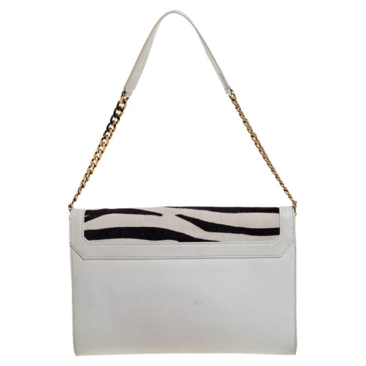 Pre Owned Jimmy Choo White Zebra Print Calfhair and Leather Flap Chain Shoulder Bag