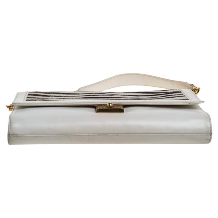 Pre Owned Jimmy Choo White Zebra Print Calfhair and Leather Flap Chain Shoulder Bag
