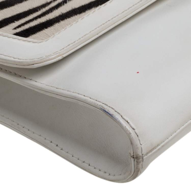 Pre Owned Jimmy Choo White Zebra Print Calfhair and Leather Flap Chain Shoulder Bag
