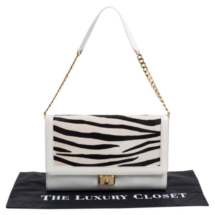 Pre Owned Jimmy Choo White Zebra Print Calfhair and Leather Flap Chain Shoulder Bag