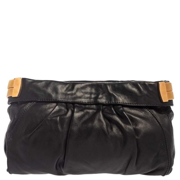 Pre Owned Jimmy Choo Black Pleated Leather Logo Metal Stretch Clutch