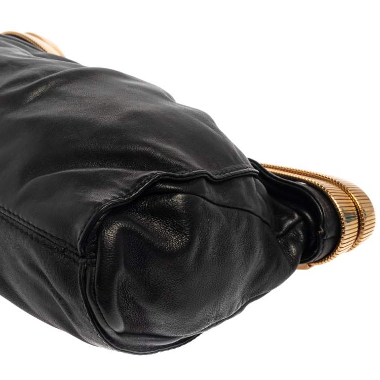 Pre Owned Jimmy Choo Black Pleated Leather Logo Metal Stretch Clutch