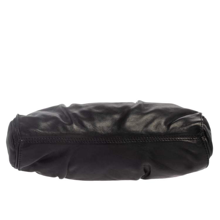 Pre Owned Jimmy Choo Black Pleated Leather Logo Metal Stretch Clutch