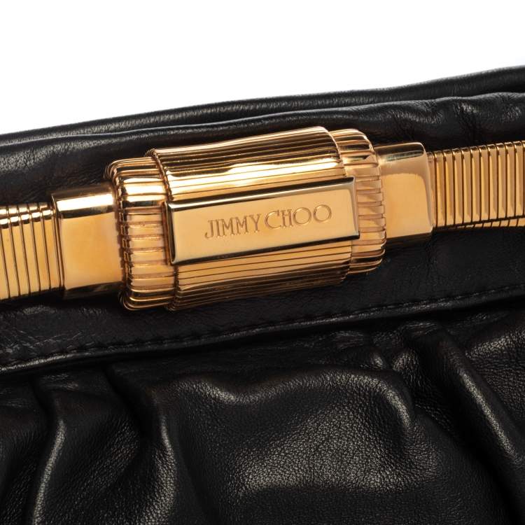 Pre Owned Jimmy Choo Black Pleated Leather Logo Metal Stretch Clutch
