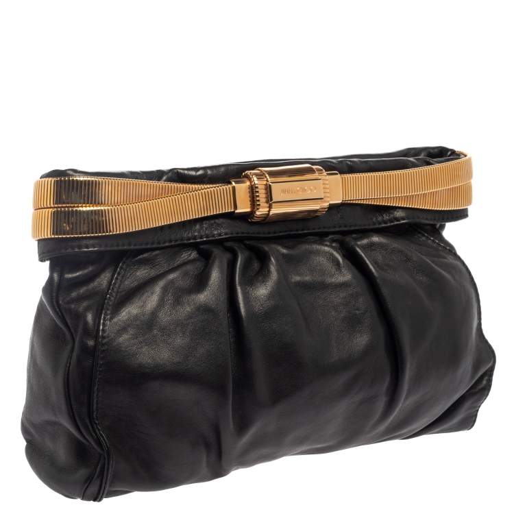 Pre Owned Jimmy Choo Black Pleated Leather Logo Metal Stretch Clutch