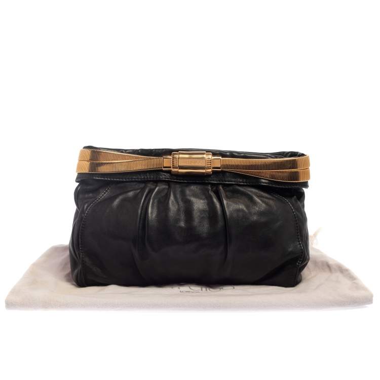 Pre Owned Jimmy Choo Black Pleated Leather Logo Metal Stretch Clutch