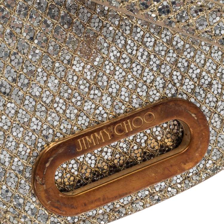 Pre Owned Jimmy Choo Metallic Silver Glittered Fabric Tilsa Strap Wallet