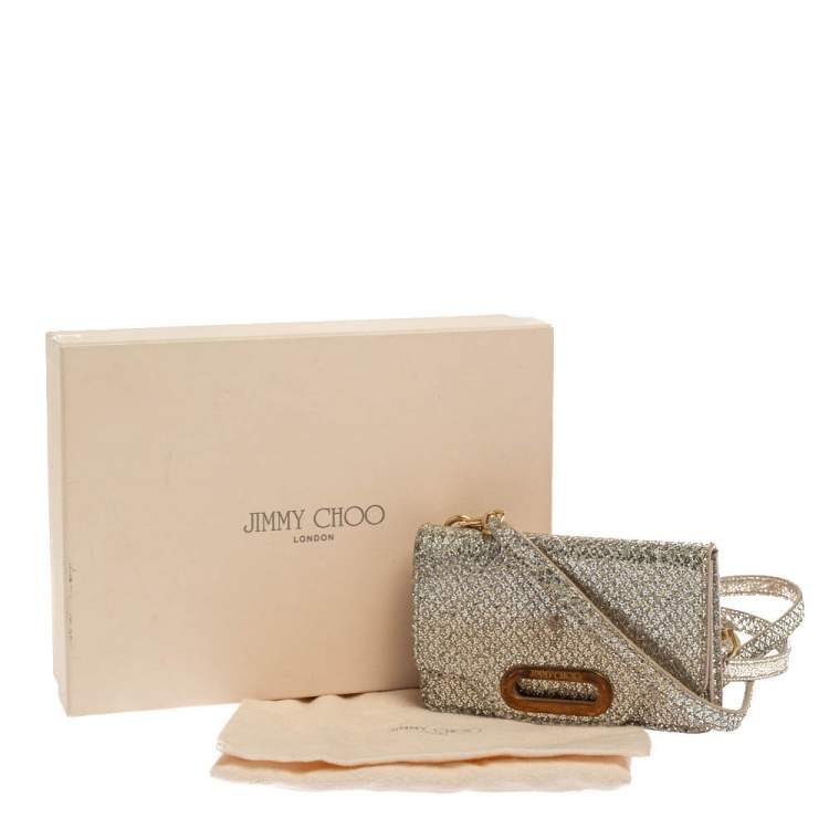 Pre Owned Jimmy Choo Metallic Silver Glittered Fabric Tilsa Strap Wallet