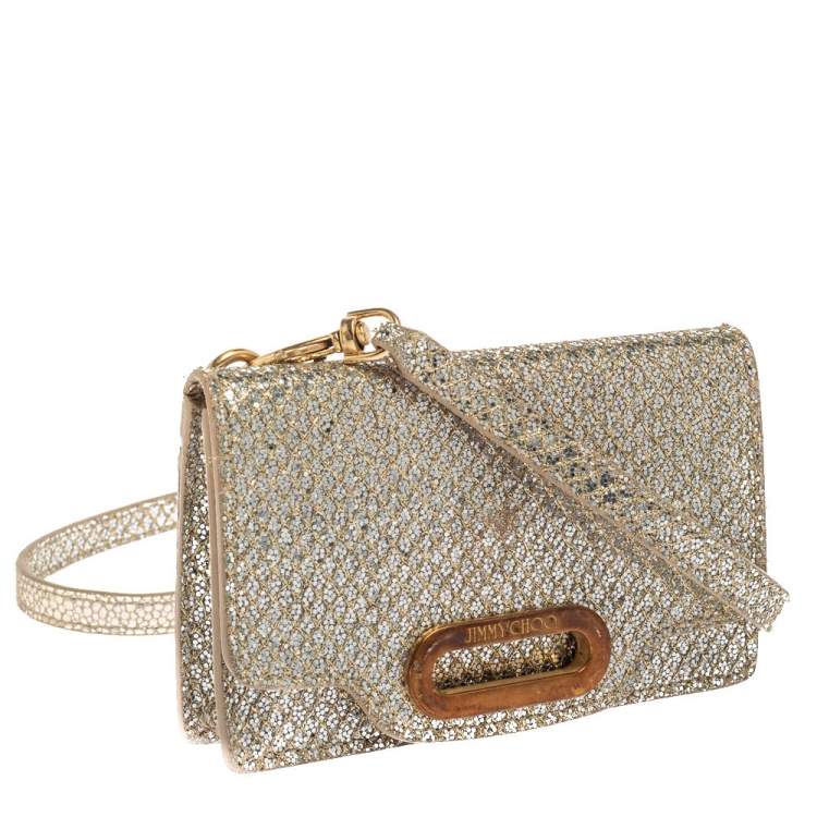 Pre Owned Jimmy Choo Metallic Silver Glittered Fabric Tilsa Strap Wallet
