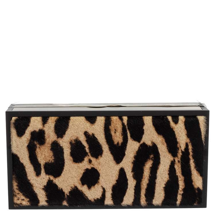 Pre Owned Jimmy Choo Beige/Black Leopard Prin Pony Hair Box Clutch 