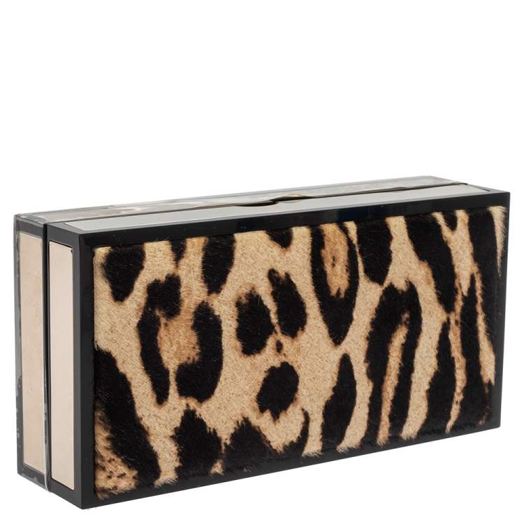 Pre Owned Jimmy Choo Beige/Black Leopard Prin Pony Hair Box Clutch 
