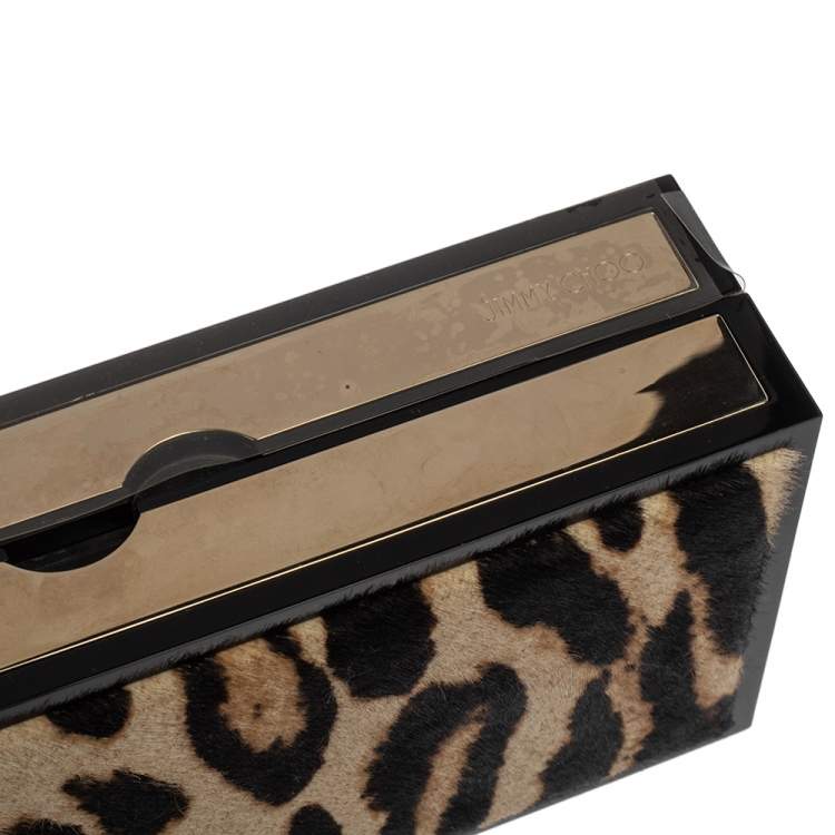 Pre Owned Jimmy Choo Beige/Black Leopard Prin Pony Hair Box Clutch 
