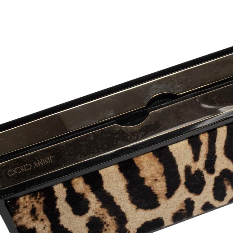 Pre Owned Jimmy Choo Beige/Black Leopard Prin Pony Hair Box Clutch 