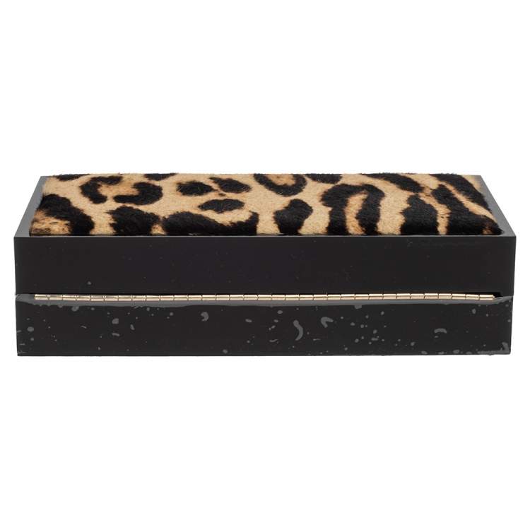 Pre Owned Jimmy Choo Beige/Black Leopard Prin Pony Hair Box Clutch 