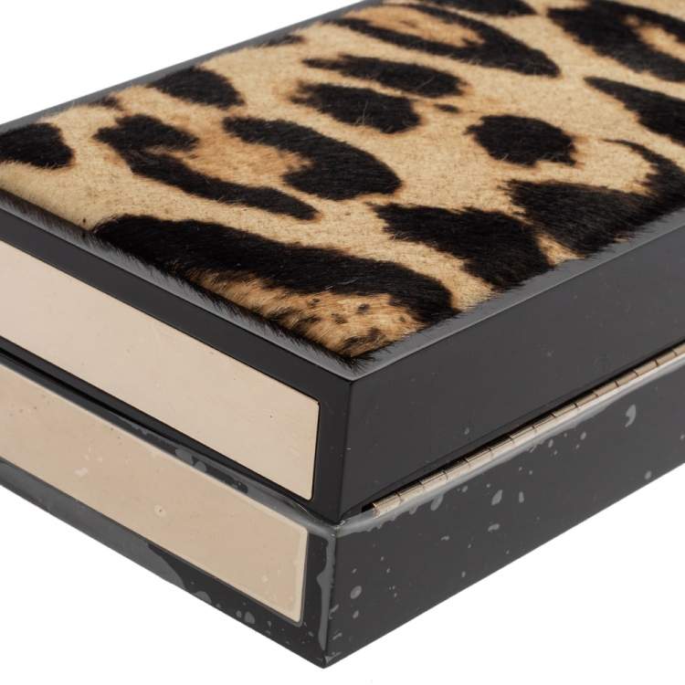 Pre Owned Jimmy Choo Beige/Black Leopard Prin Pony Hair Box Clutch 