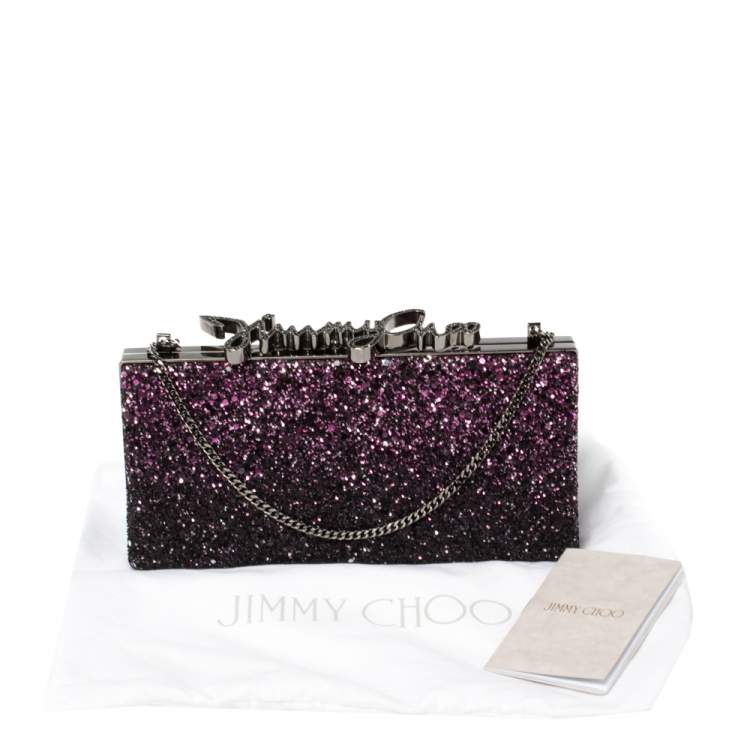 Pre Owned Jimmy Choo Purple Coarse Glitter Celeste Crystal Logo Clasp Clutch